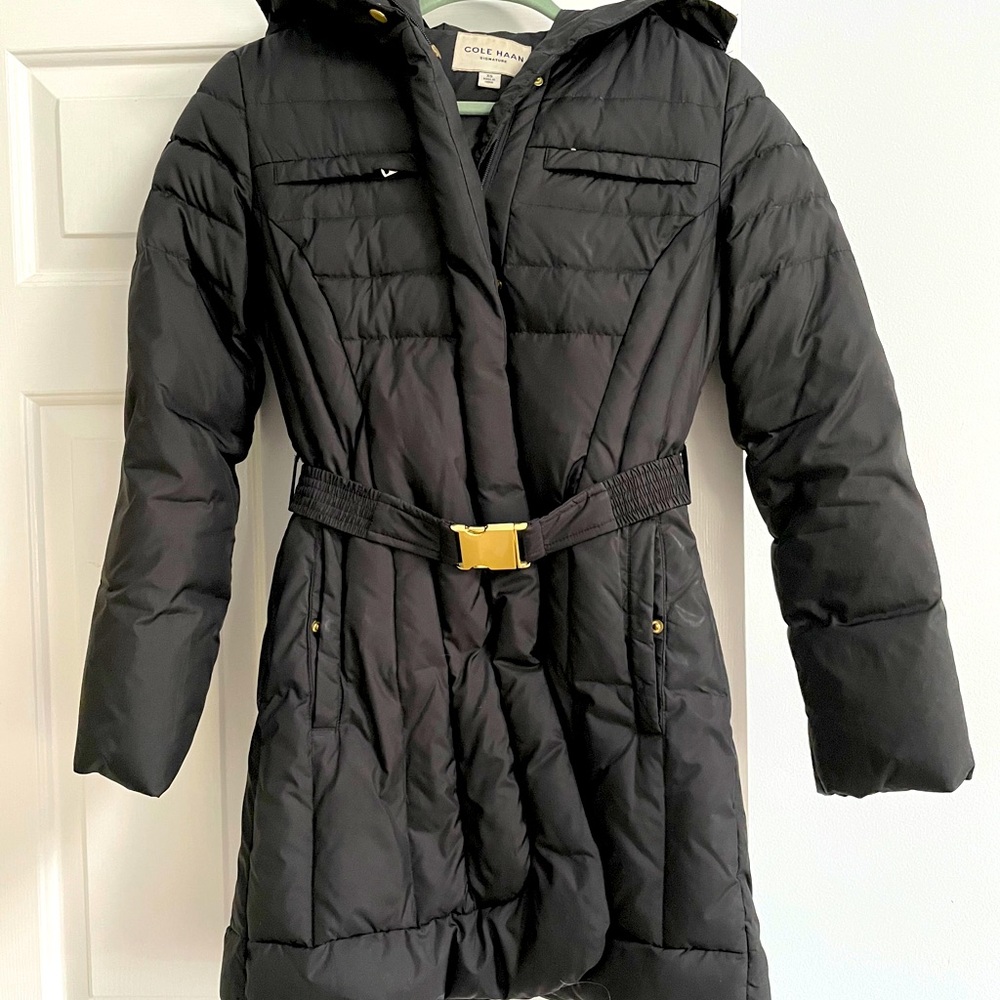 Cole Haan long puffer coat with hood and belt